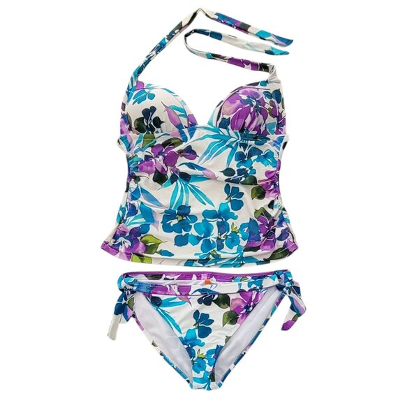 Leilani Floral 2 Piece Tankini Swim Suit Halter Top with Bikini Bottoms Sz 14 - Picture 1 of 11